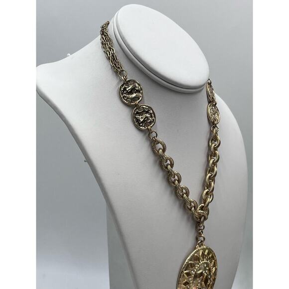 Chicos Chain Link Coin Station Round Rhinestone accent Pendant Necklace - Picture 8 of 12